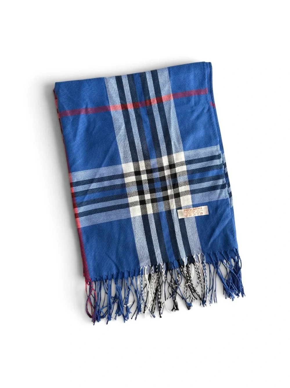 PASHMINA Silk Scarf Blue Black Red Plaid Tartan Fringe Winter Cozy Classic